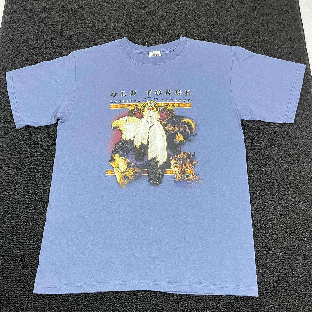 Vintage Old Forge Shirt Mens Medium Blue American Spirits Animal Graphic 90s Tee